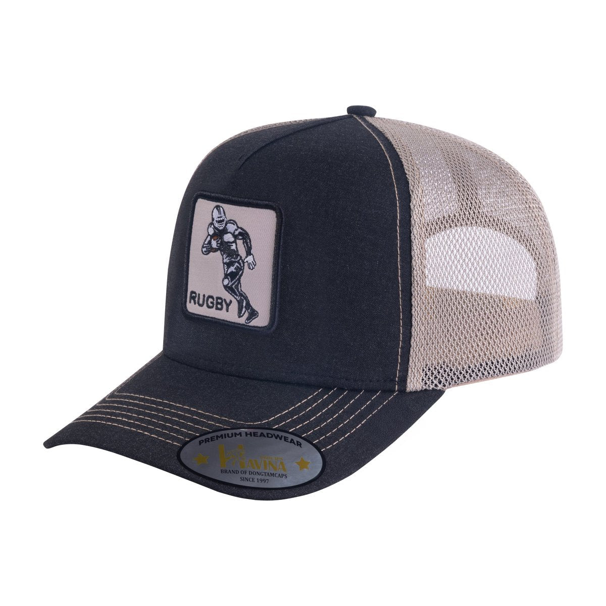 Embroidered Rugby - 5 Panel Trucker Hat - Black/Khaki