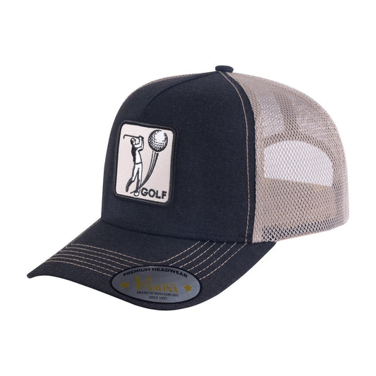 Golf 5-Panel Trucker Hat with Black front and Khaki back