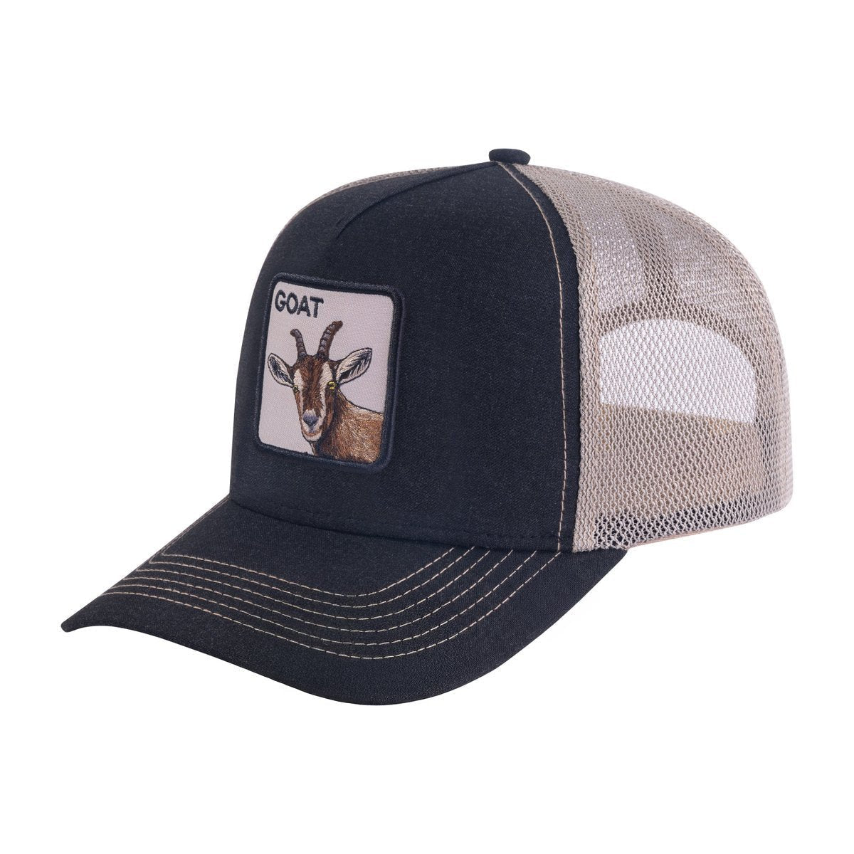 Unisex Embroidered The Goat, 5-Panel Trucker Hat, Black/Light Grey, Adjustable Fit