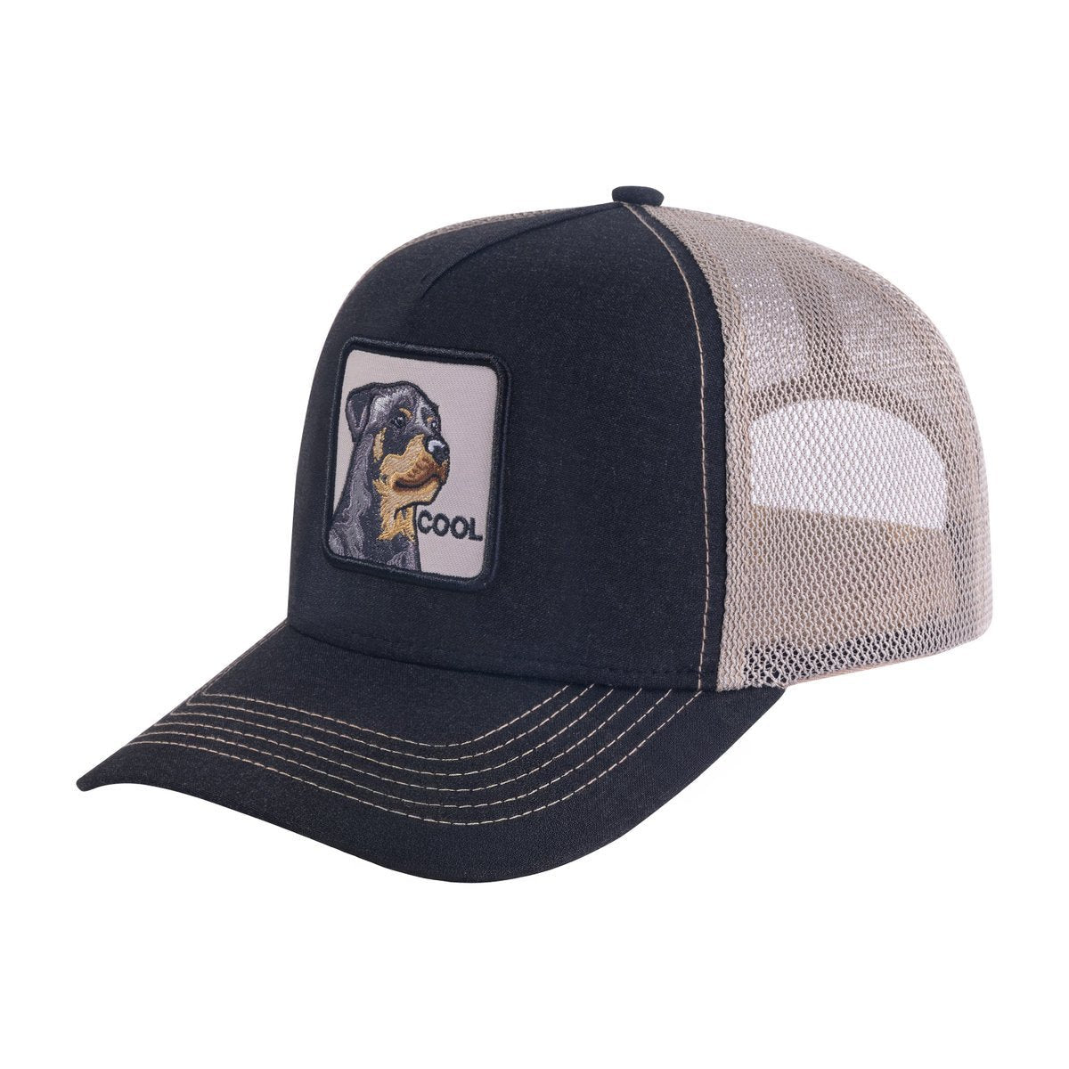 Unisex Embroidered The Cool Dog, 5-Panel Trucker Hat, Black/Khaki, Adjustable Fit