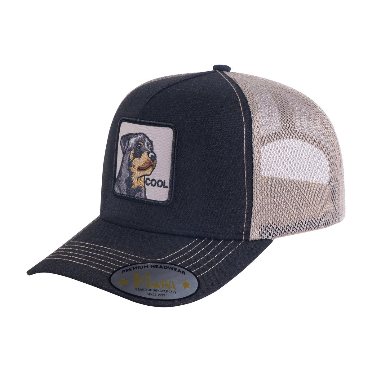 Unisex Embroidered The Cool Dog, 5-Panel Trucker Hat, Black/Khaki, Adjustable Fit