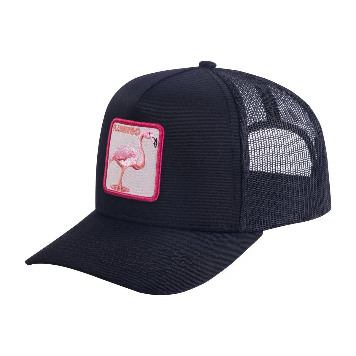 Unisex Embroidered The Flamingo, 5-Panel Trucker Hat, Black/Black, Adjustable Fit