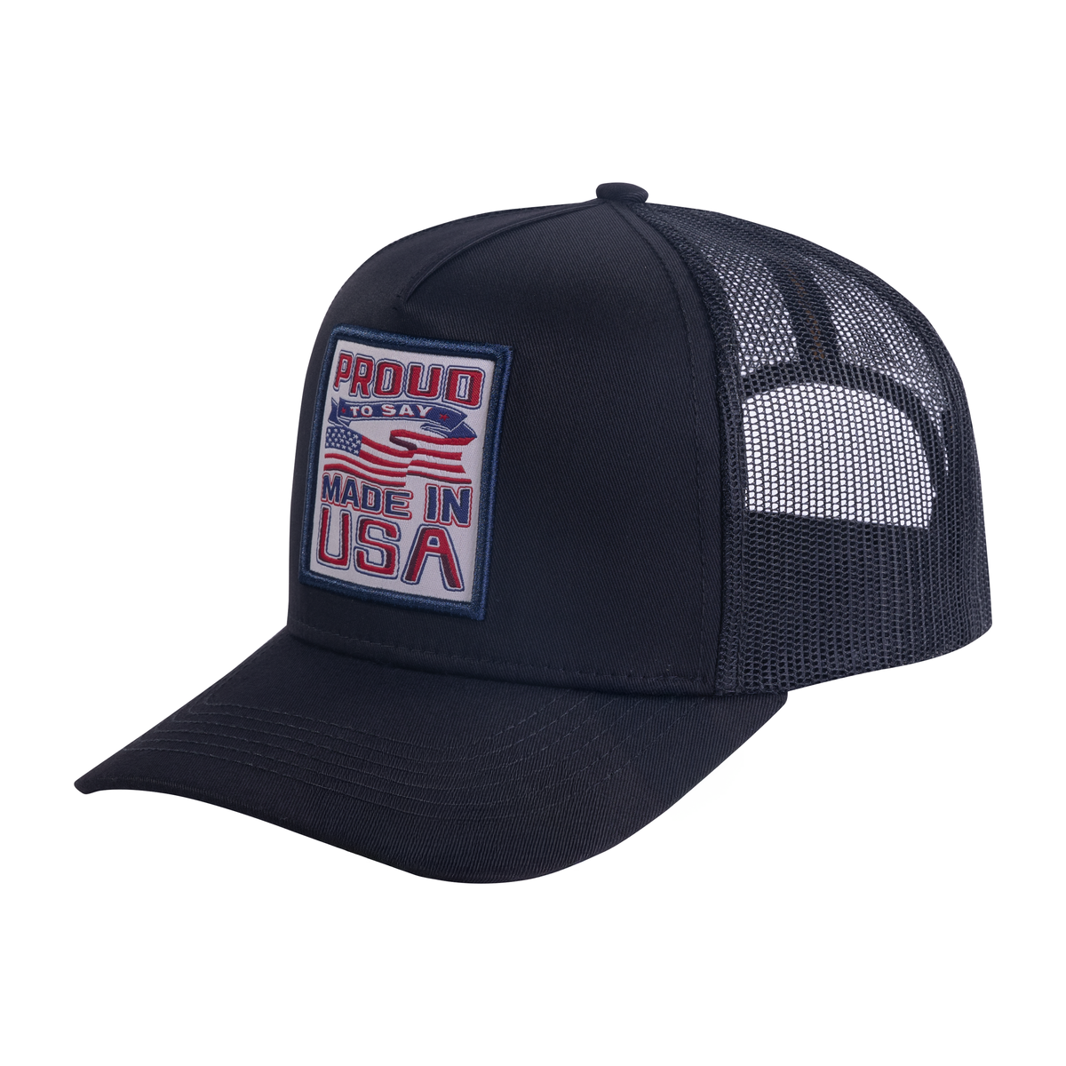 Unisex Embroidered Proud To Say Made In US, 5-Panel Trucker Hat, Black/Black, Adjustable Fit