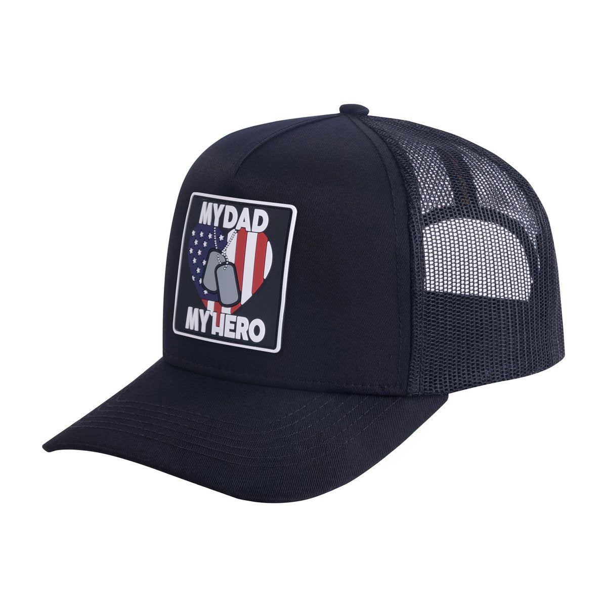 Unisex Embroidered My Dad My Hero, 5-Panel Trucker Hat, Black/Black, Adjustable Fit