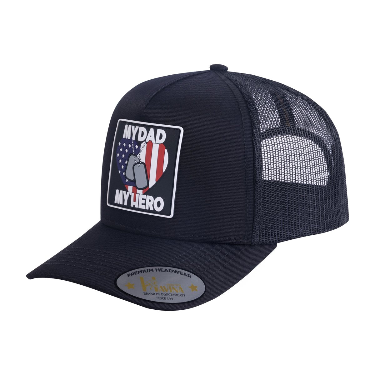 Unisex Embroidered My Dad My Hero, 5-Panel Trucker Hat, Black/Black, Adjustable Fit