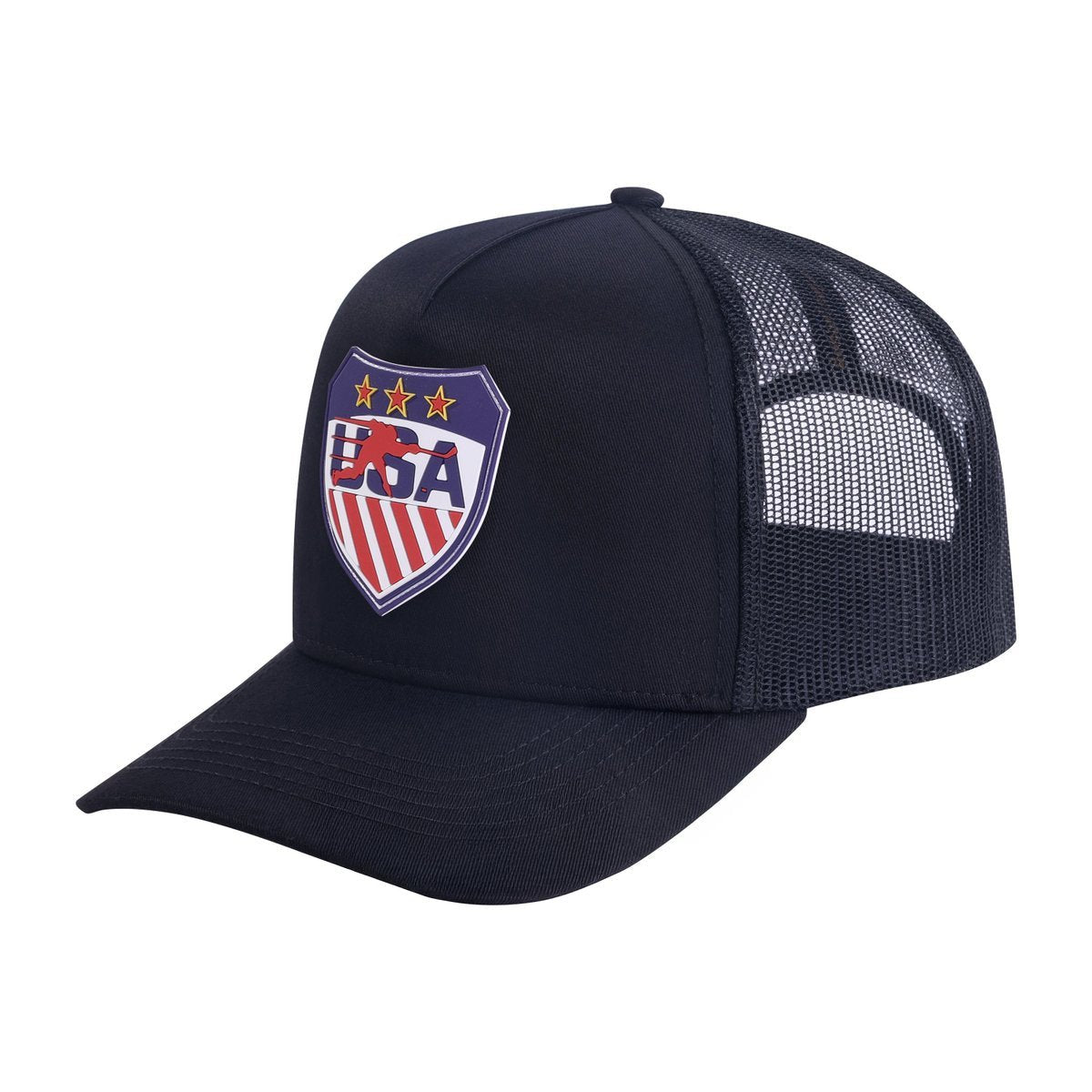 Unisex Embroidered Loving Hockey, 5-Panel Trucker Hat, Black/Black, Adjustable Fit