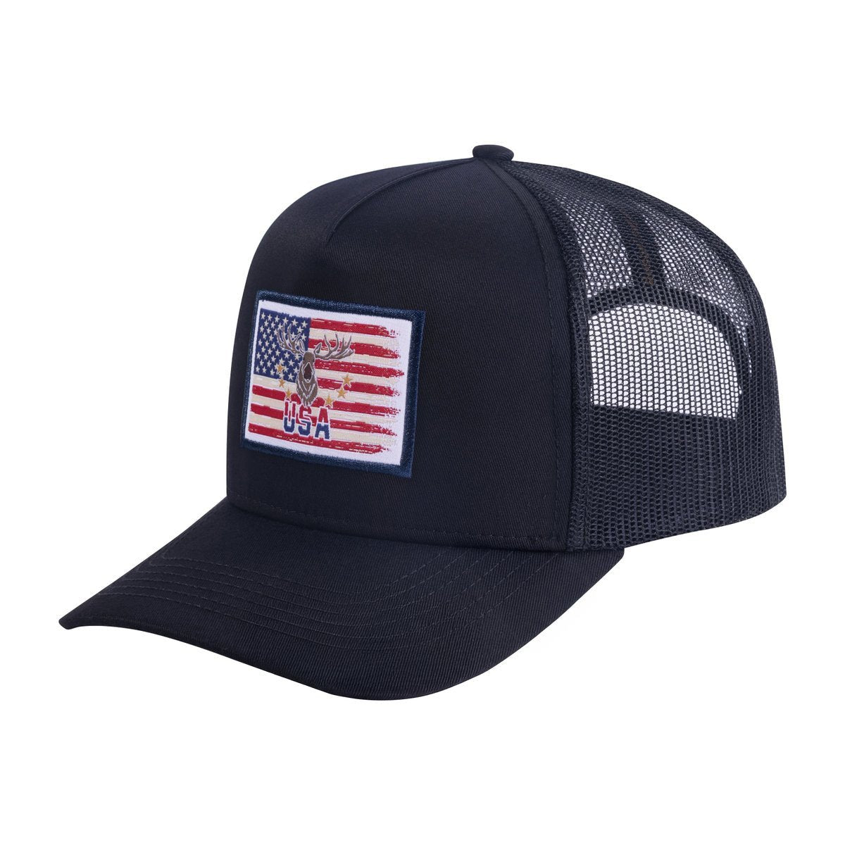 Unisex Embroidered US Deer Hunter, 5-Panel Trucker Hat, Black/Black, Adjustable Fit