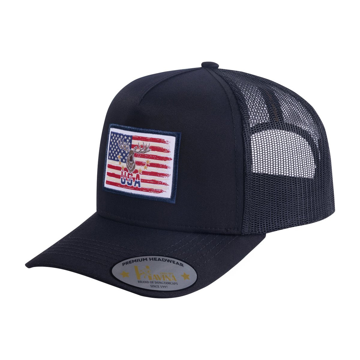 Unisex Embroidered US Deer Hunter, 5-Panel Trucker Hat, Black/Black, Adjustable Fit