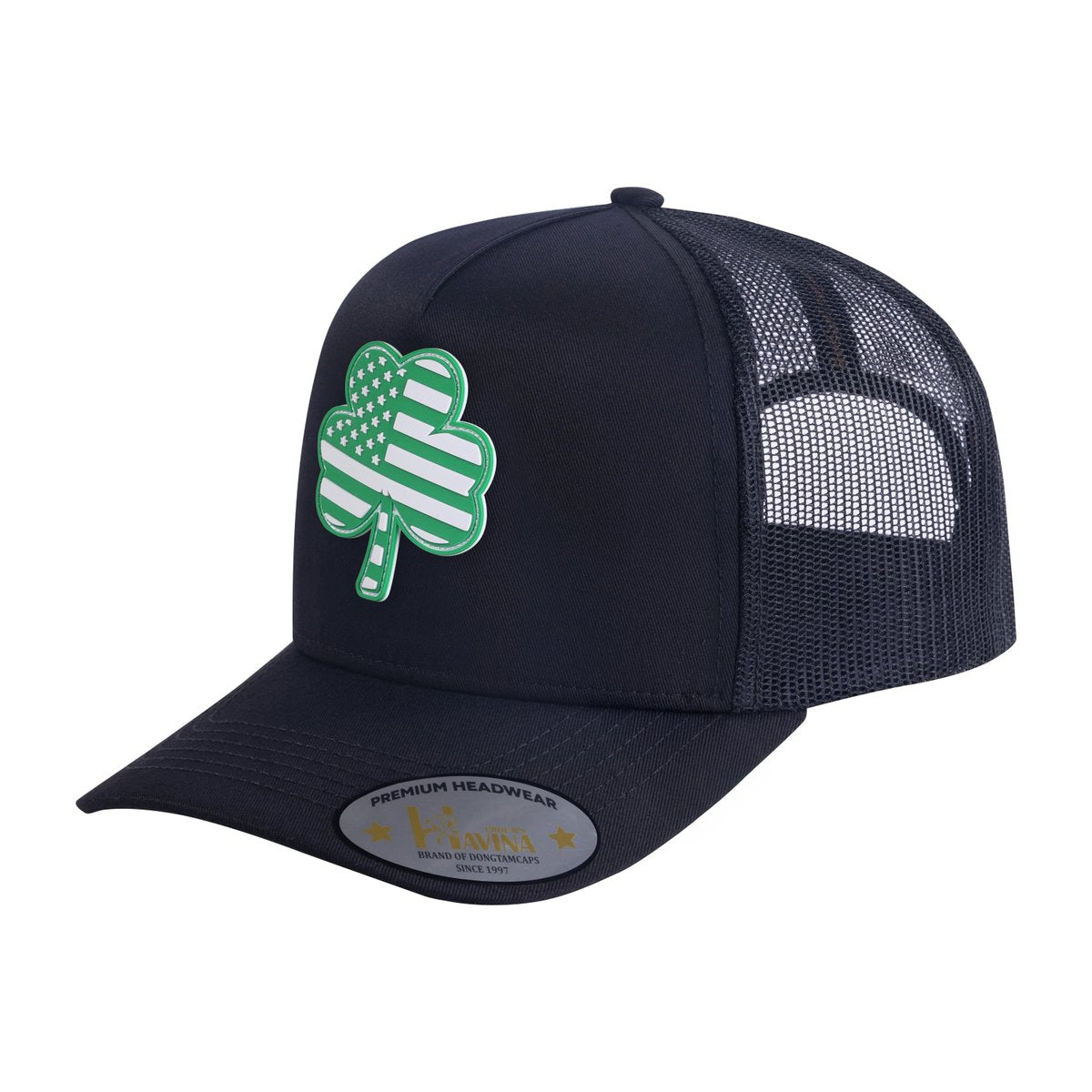 Embroidered St. Patrick'S Day Four Leaf Shamrock - 5 Panel Trucker Hat - Black/Black
