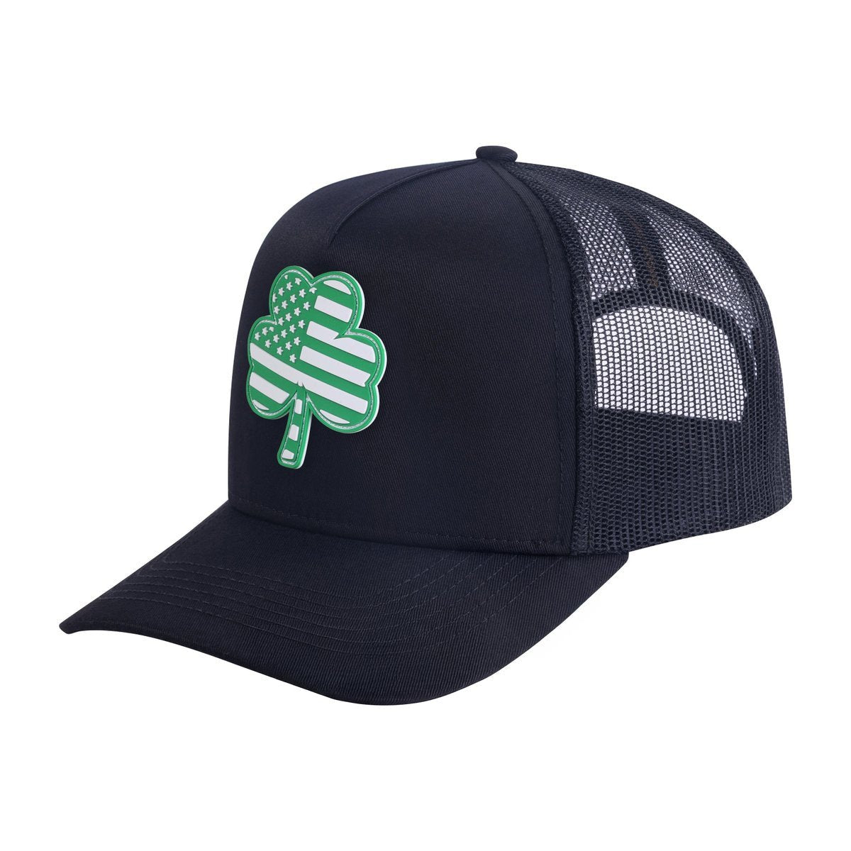 Unisex Embroidered St. Patrick'S Day Four Leaf Shamrock, 5-Panel Trucker Hat, Black/Black, Adjustable Fit