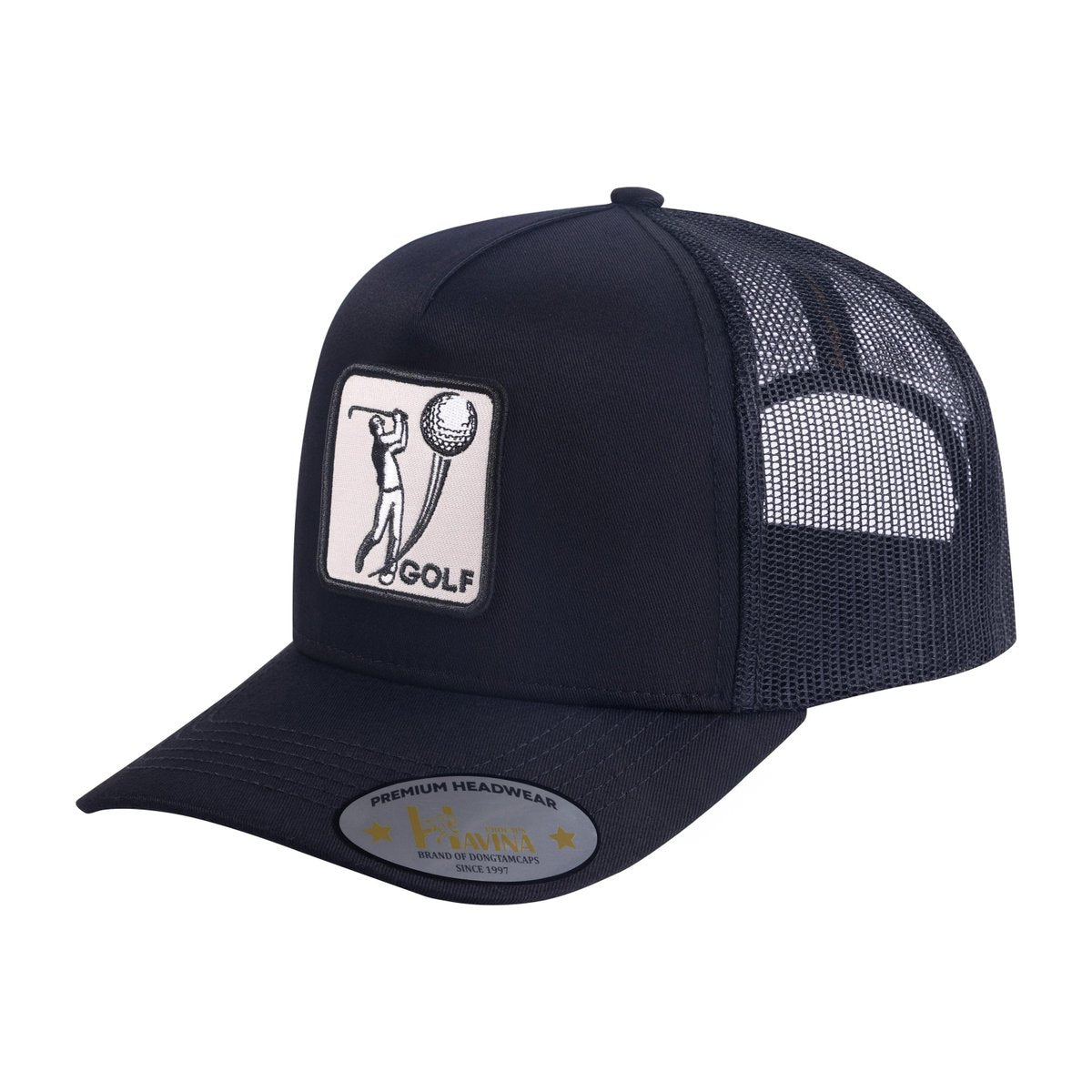 Unisex Embroidered Golf, 5-Panel Trucker Hat, Black/Black, Adjustable Fit