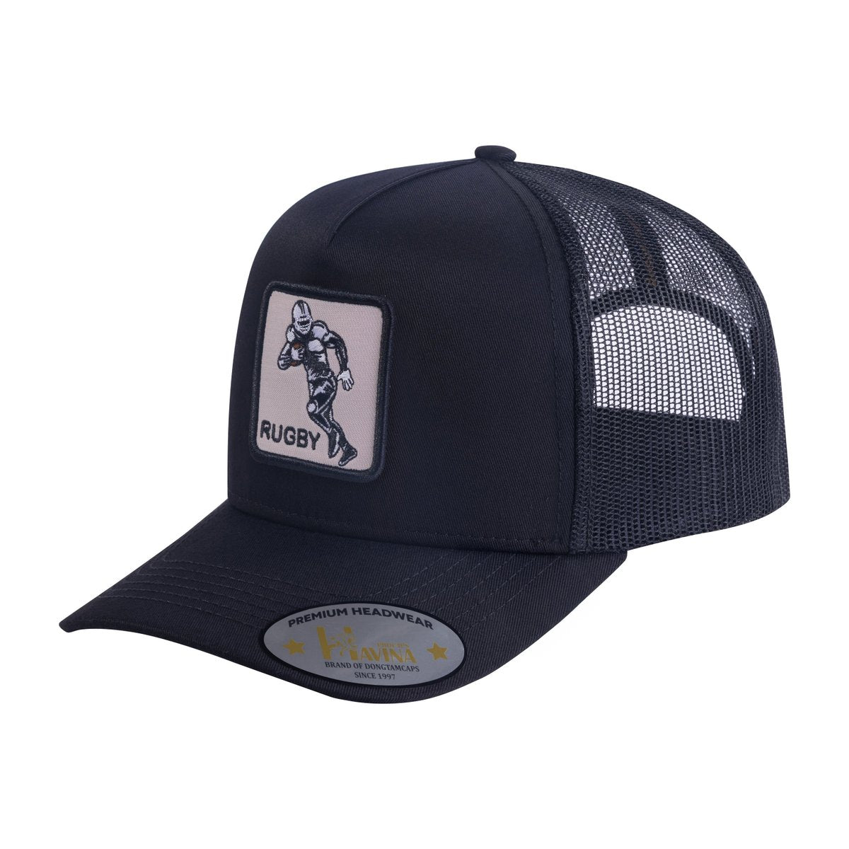 Unisex Embroidered Rugby/Football, 5-Panel Trucker Hat, Black/Black, Adjustable Fit