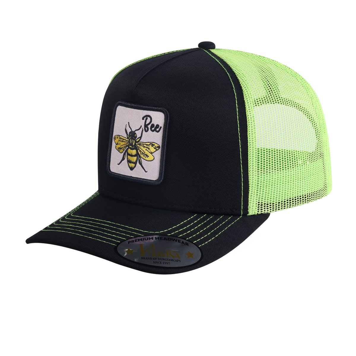 Unisex Embroidered The Bee, 5-Panel Trucker Hat, Black/Green, Adjustable Fit