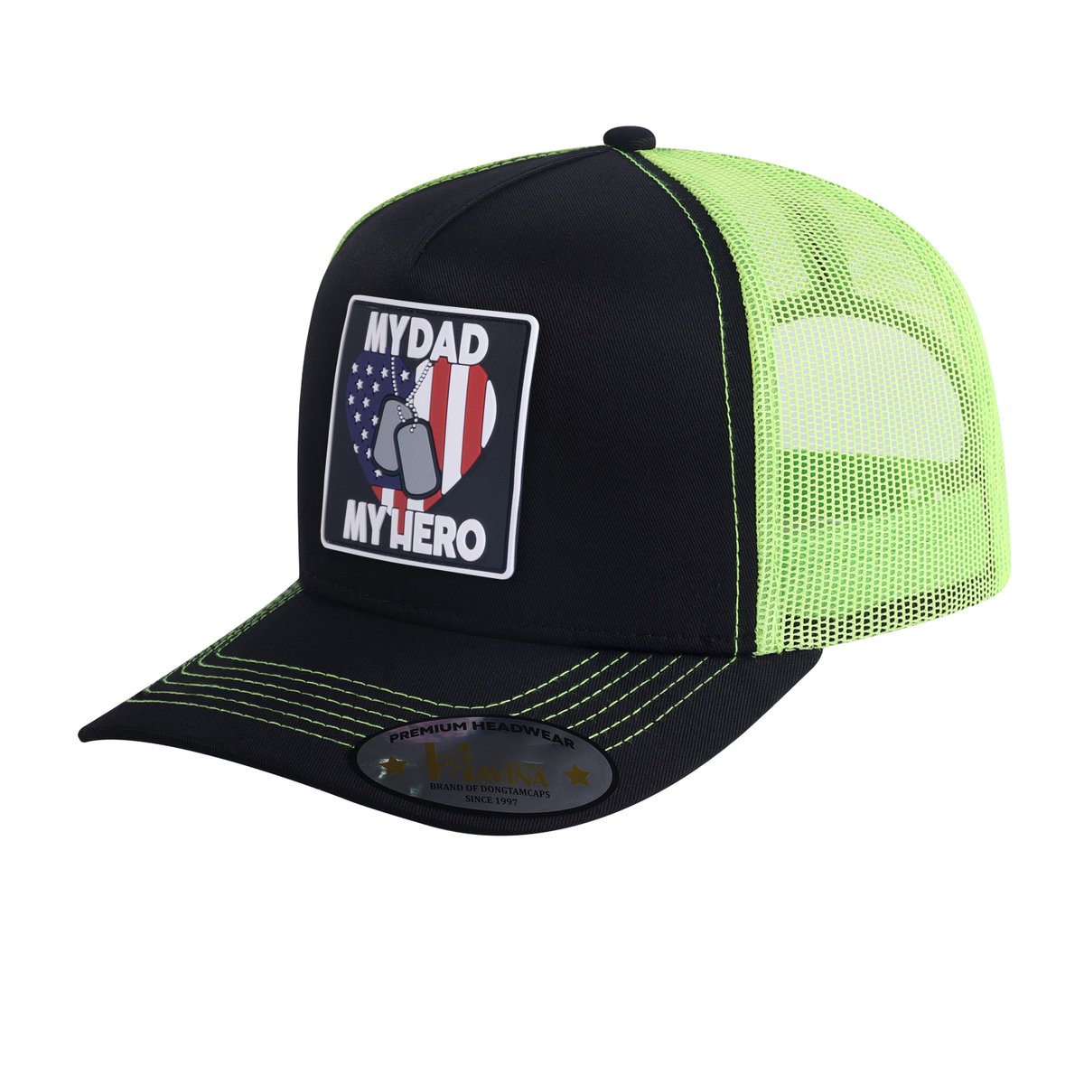 Unisex Embroidered My Dad My Hero, 5-Panel Trucker Hat, Black/Green, Adjustable Fit