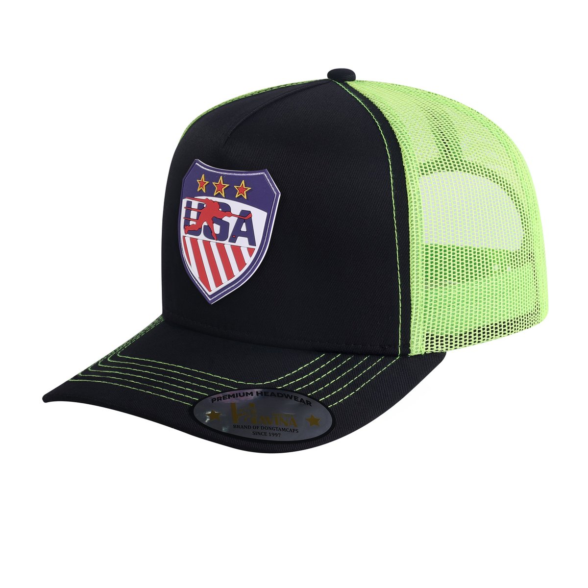 Unisex Embroidered US Loving Hockey, 5-Panel Trucker Hat, Black/Green, Adjustable Fit