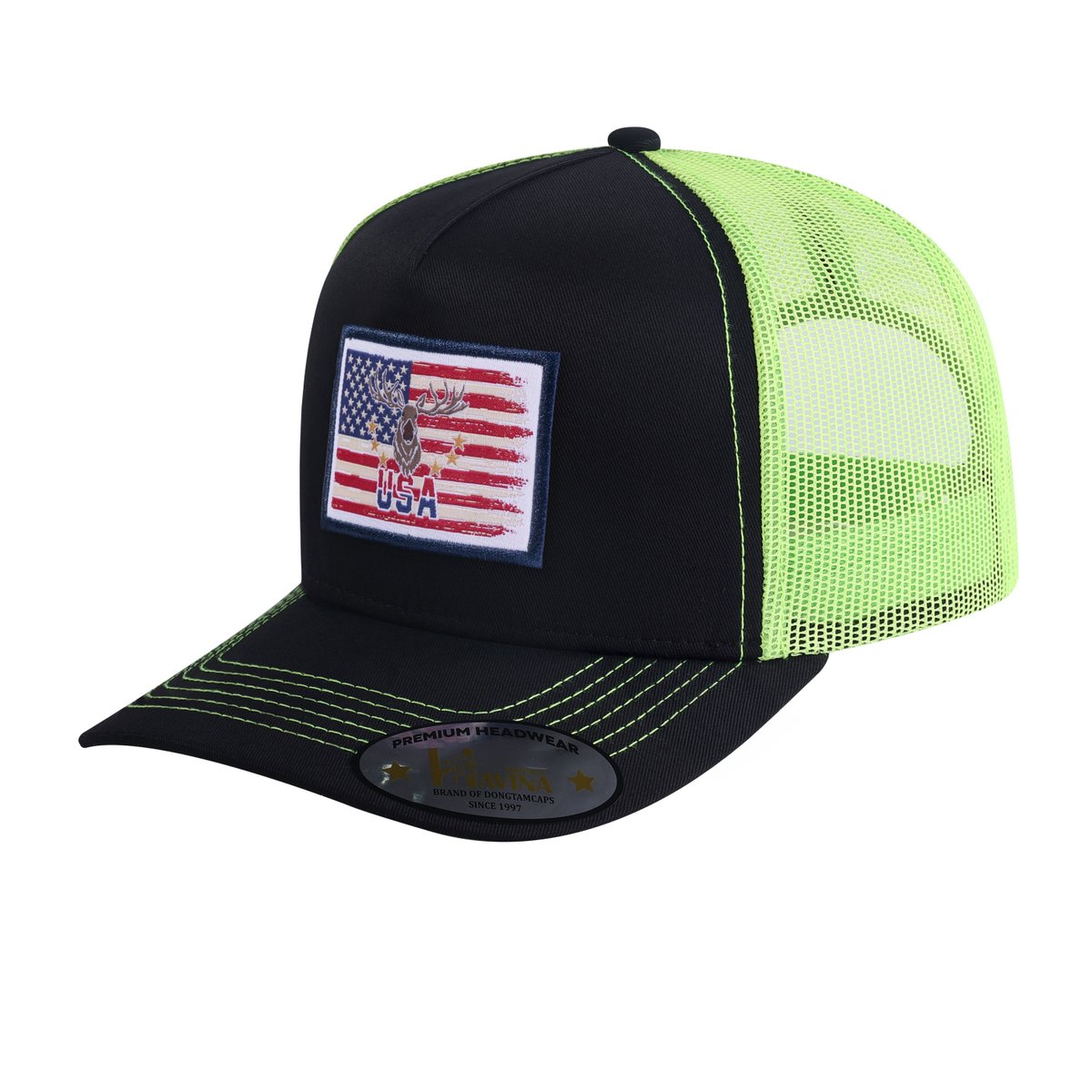 Unisex Embroidered US Deer Hunter, 5-Panel Trucker Hat, Black/Green, Adjustable Fit