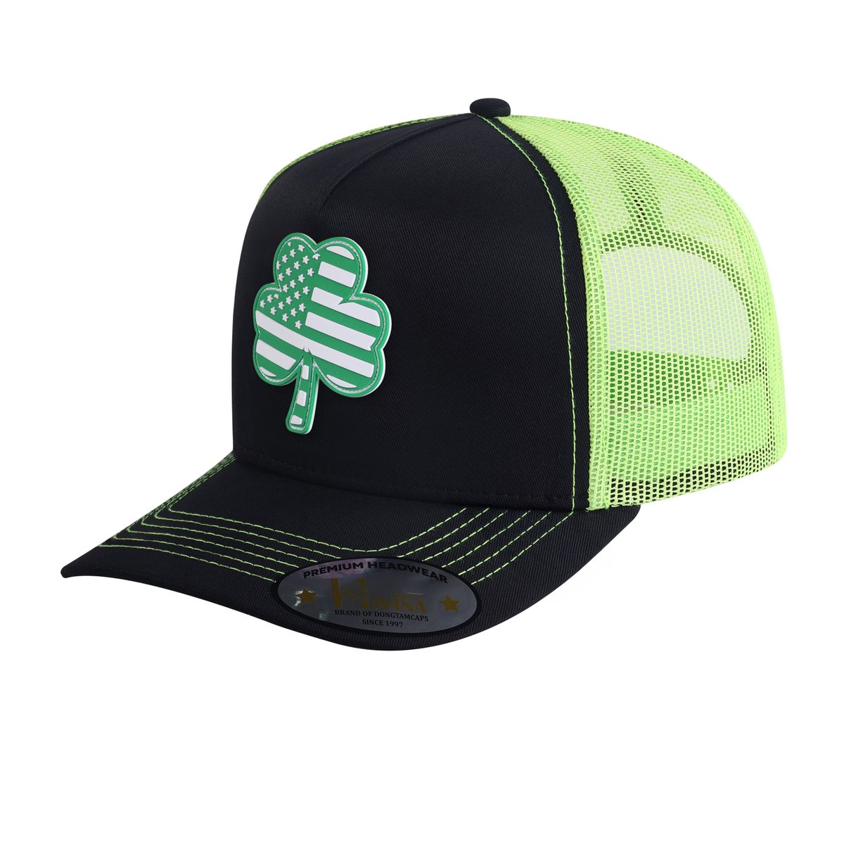 Unisex Embroidered St. Patrick'S Day Four Leaf Shamrock, 5-Panel Trucker Hat, Black/Green, Adjustable Fit