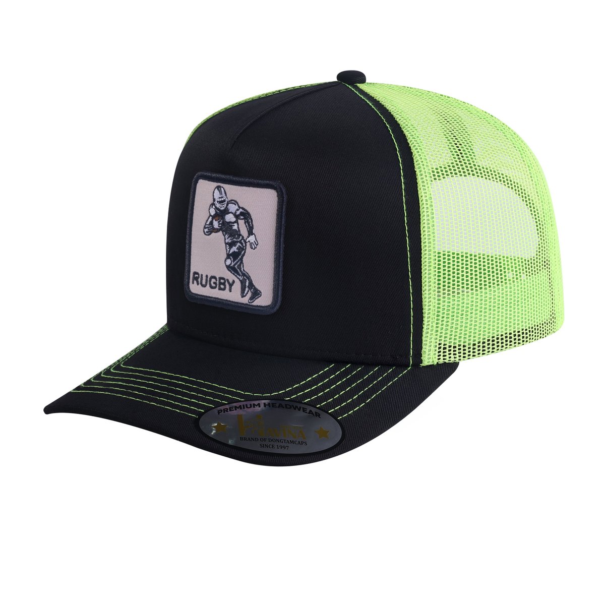 Unisex Embroidered Rugby/Football, 5-Panel Trucker Hat, Black/Green, Adjustable Fit