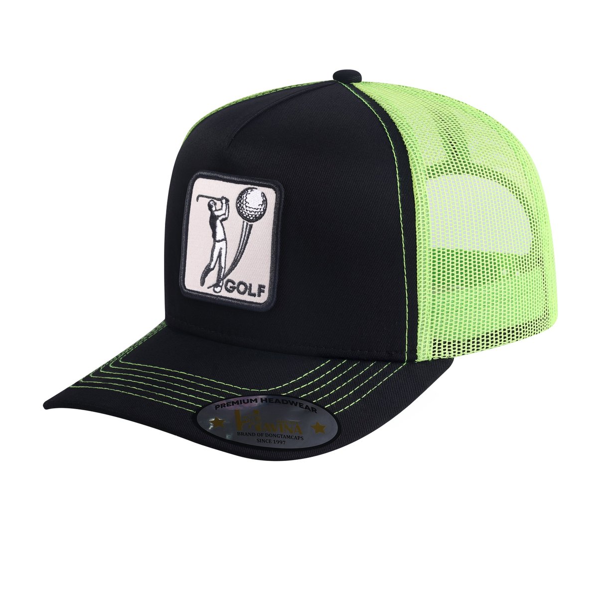 Unisex Embroidered Golf, 5-Panel Trucker Hat, Black/Green, Adjustable Fit