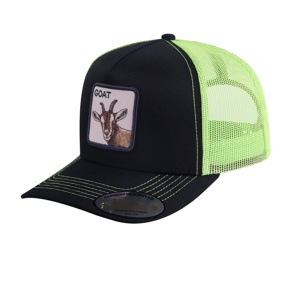 Unisex Embroidered The Goat, 5-Panel Trucker Hat, Black/Green, Adjustable Fit