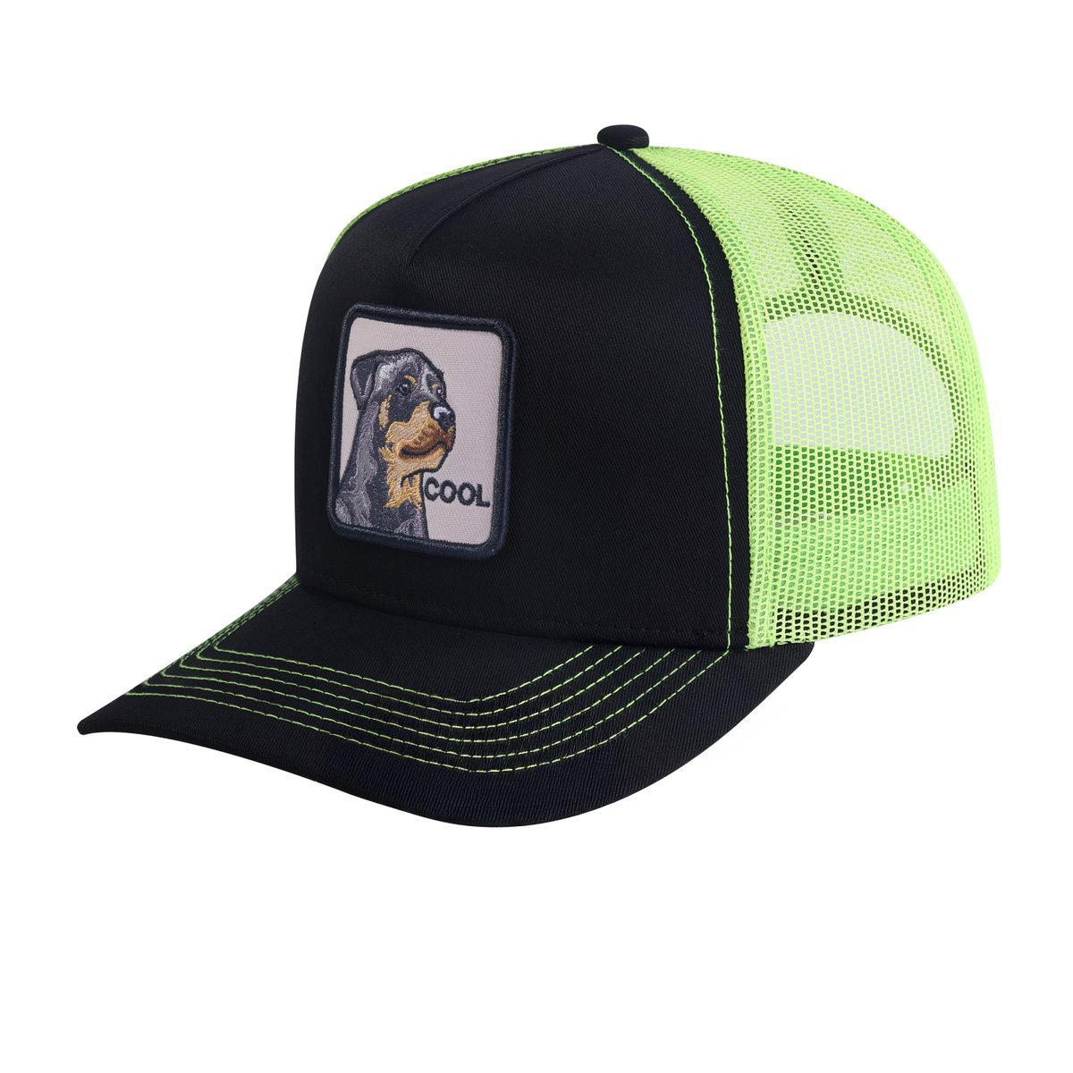 Unisex Embroidered The Cool Dog, 5-Panel Trucker Hat, Black/Green, Adjustable Fit