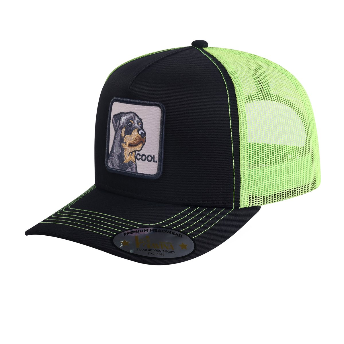 Unisex Embroidered The Cool Dog, 5-Panel Trucker Hat, Black/Green, Adjustable Fit