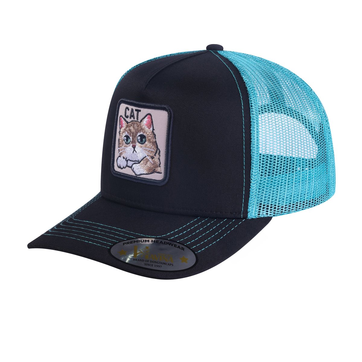 Unisex Embroidered The Cat, 5-Panel Trucker Hat, Black/Blue, Adjustable Fit