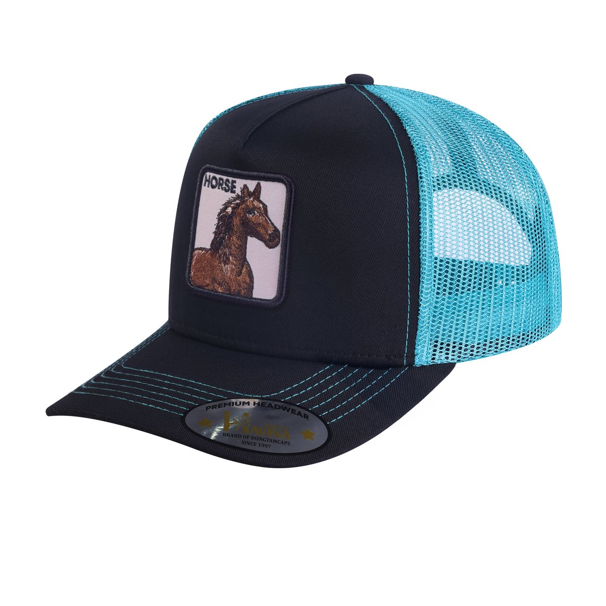 Unisex Embroidered The Horse, 5-Panel Trucker Hat, Black/Blue, Adjustable Fit