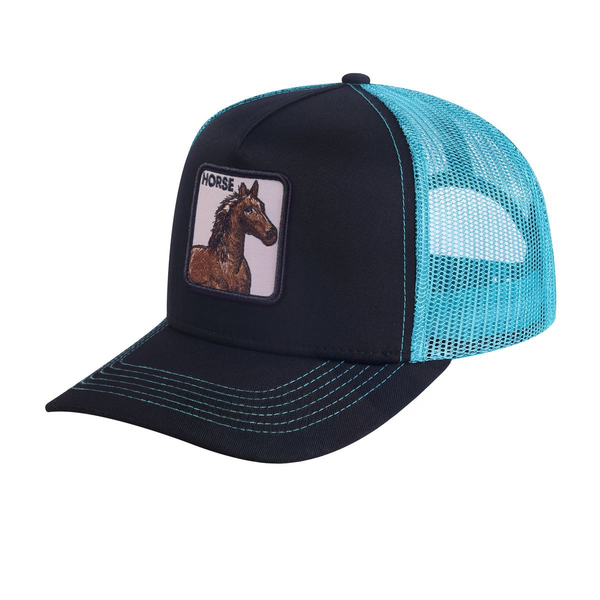 Unisex Embroidered The Horse, 5-Panel Trucker Hat, Black/Blue, Adjustable Fit