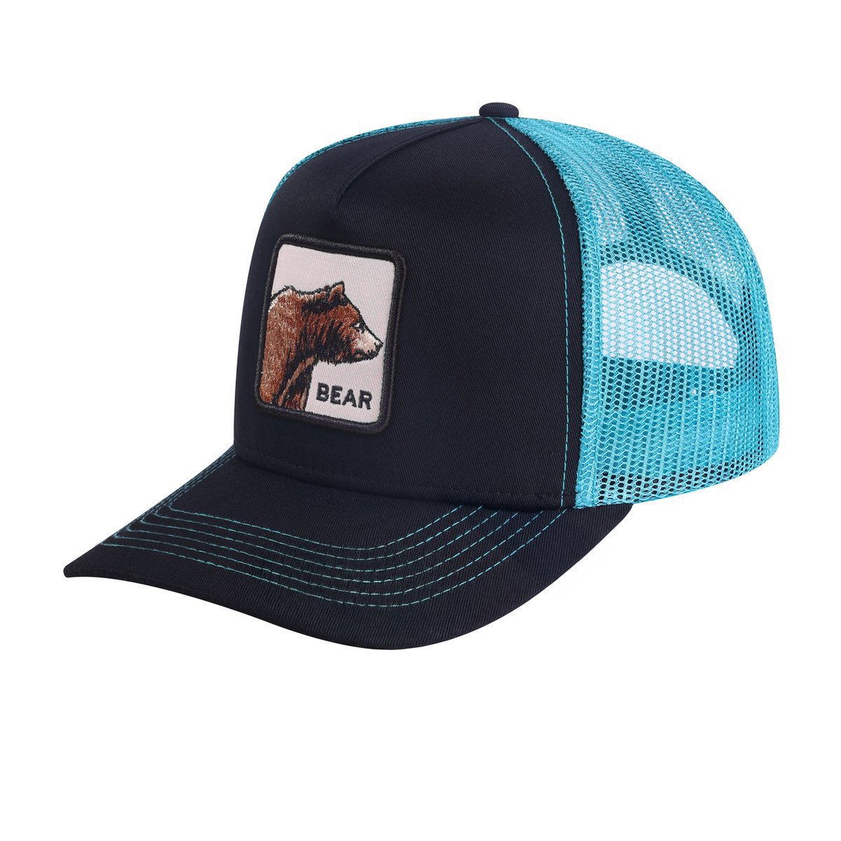 Unisex Embroidered The Bear, 5-Panel Trucker Hat, Black/Blue, Adjustable Fit