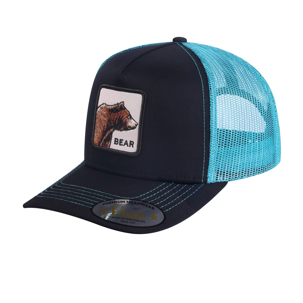 Unisex Embroidered The Bear, 5-Panel Trucker Hat, Black/Blue, Adjustable Fit