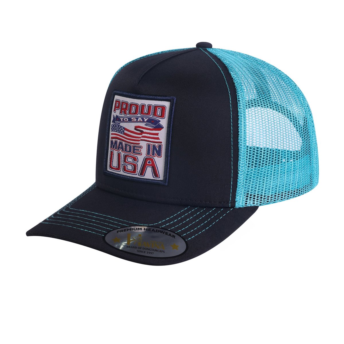 Unisex Embroidered Proud To Say Made In US, 5-Panel Trucker Hat, Black/Blue, Adjustable Fit
