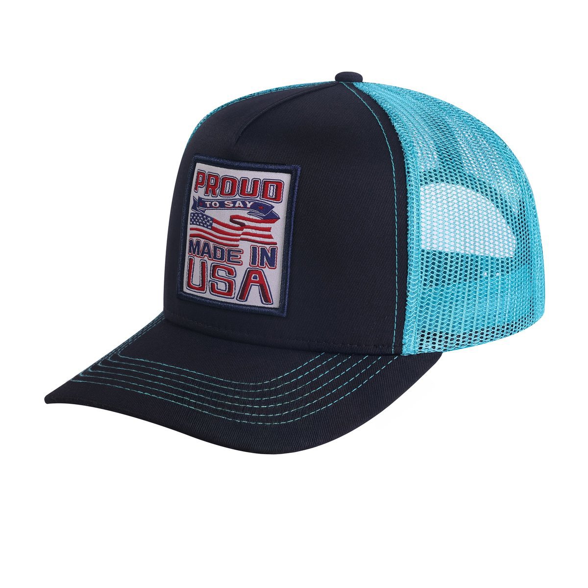 Unisex Embroidered Proud To Say Made In Usa, 5-Panel Trucker Hat, Black/Blue, Adjustable Fit