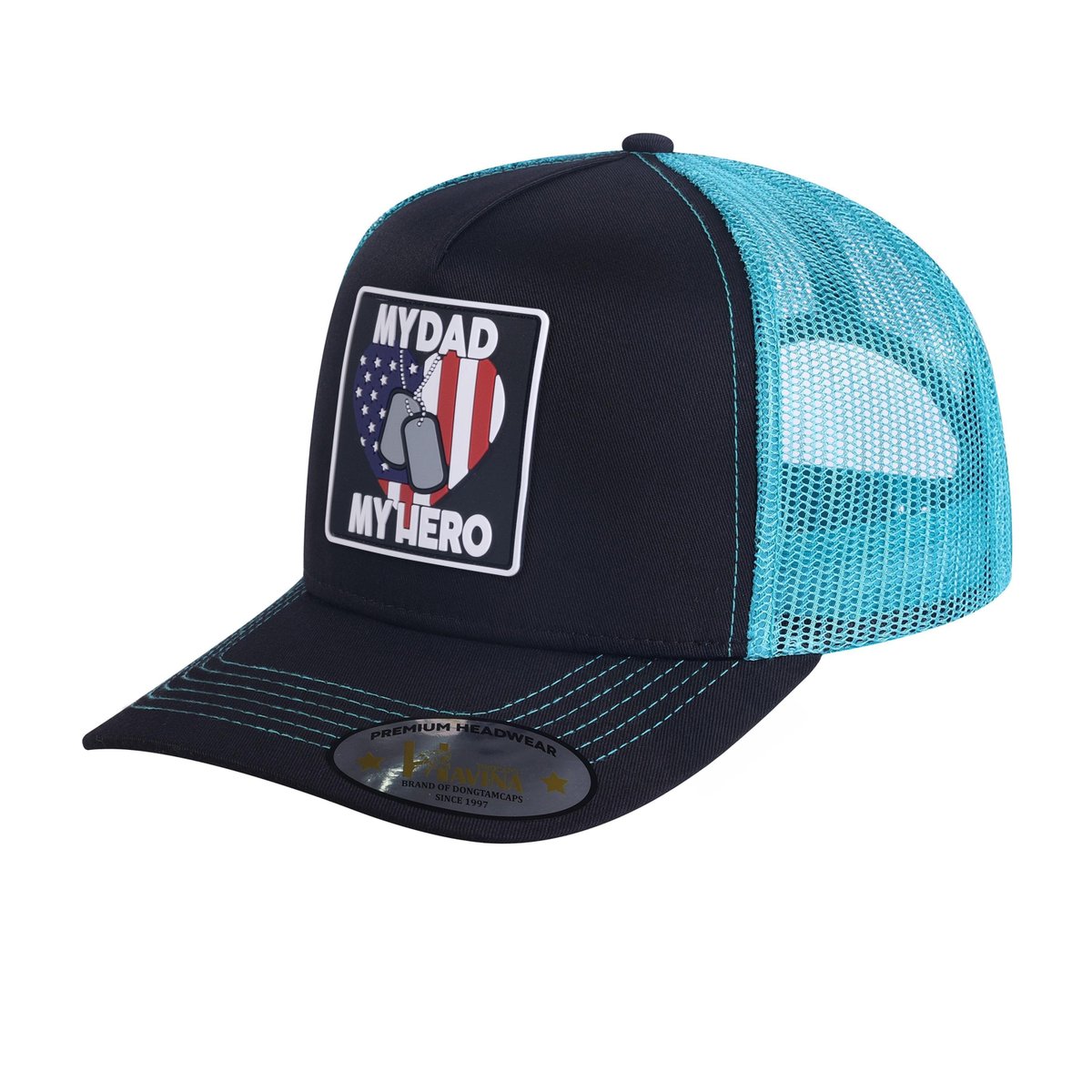 Unisex Embroidered My Dad My Hero, 5-Panel Trucker Hat, Black/Blue, Adjustable Fit