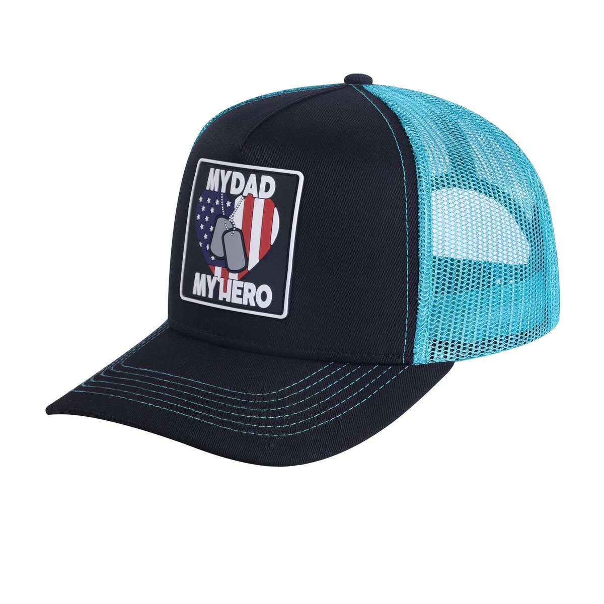 Unisex Embroidered My Dad My Hero, 5-Panel Trucker Hat, Black/Blue, Adjustable Fit