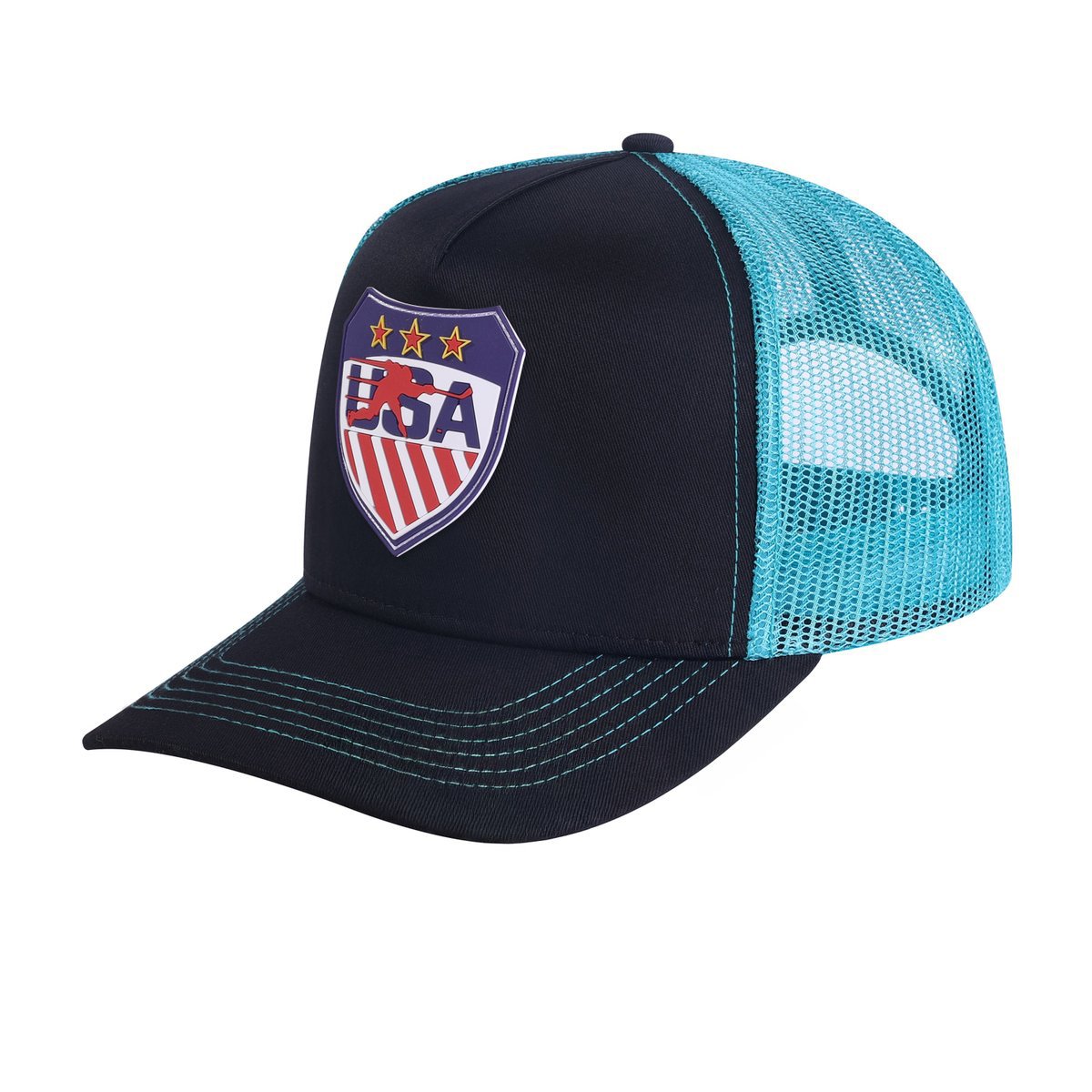 Unisex Embroidered Loving Hockey, 5-Panel Trucker Hat, Black/Blue, Adjustable Fit