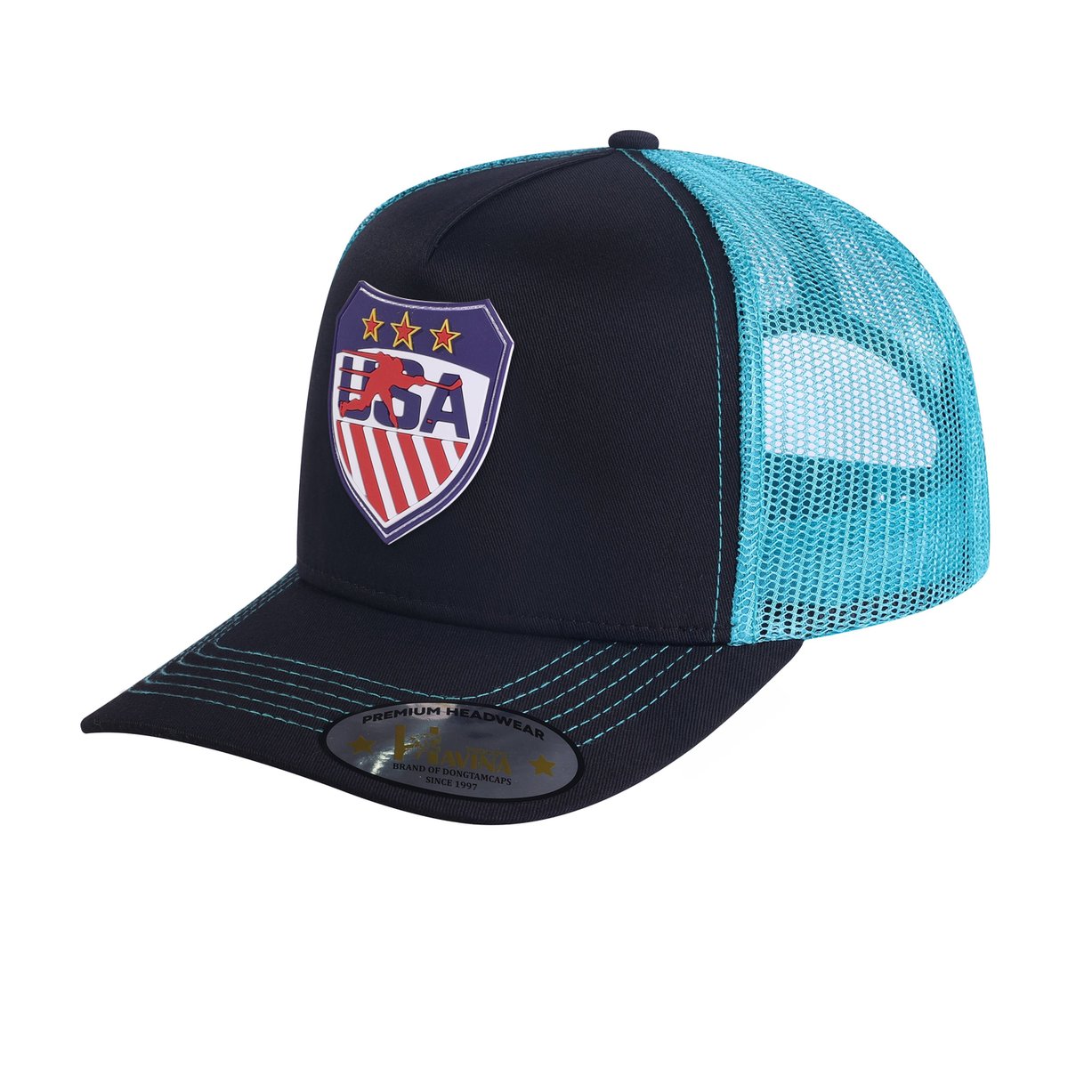 Embroidered Loving Hockey - 5 Panel Trucker Hat - Black/Blue