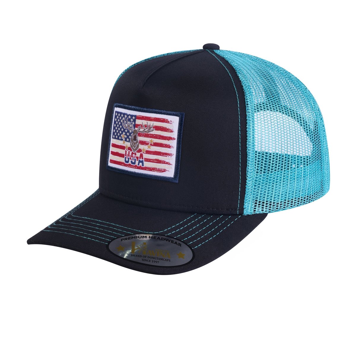 Unisex Embroidered US Deer Hunter, 5-Panel Trucker Hat, Black/Blue, Adjustable Fit