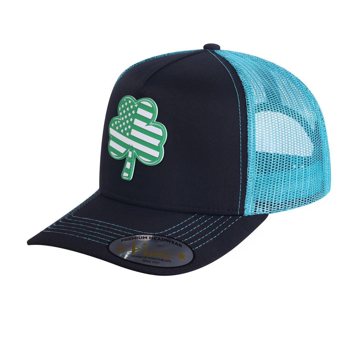 Unisex Embroidered St. Patrick'S Day Four Leaf Shamrock, 5-Panel Trucker Hat, Black/Blue, Adjustable Fit