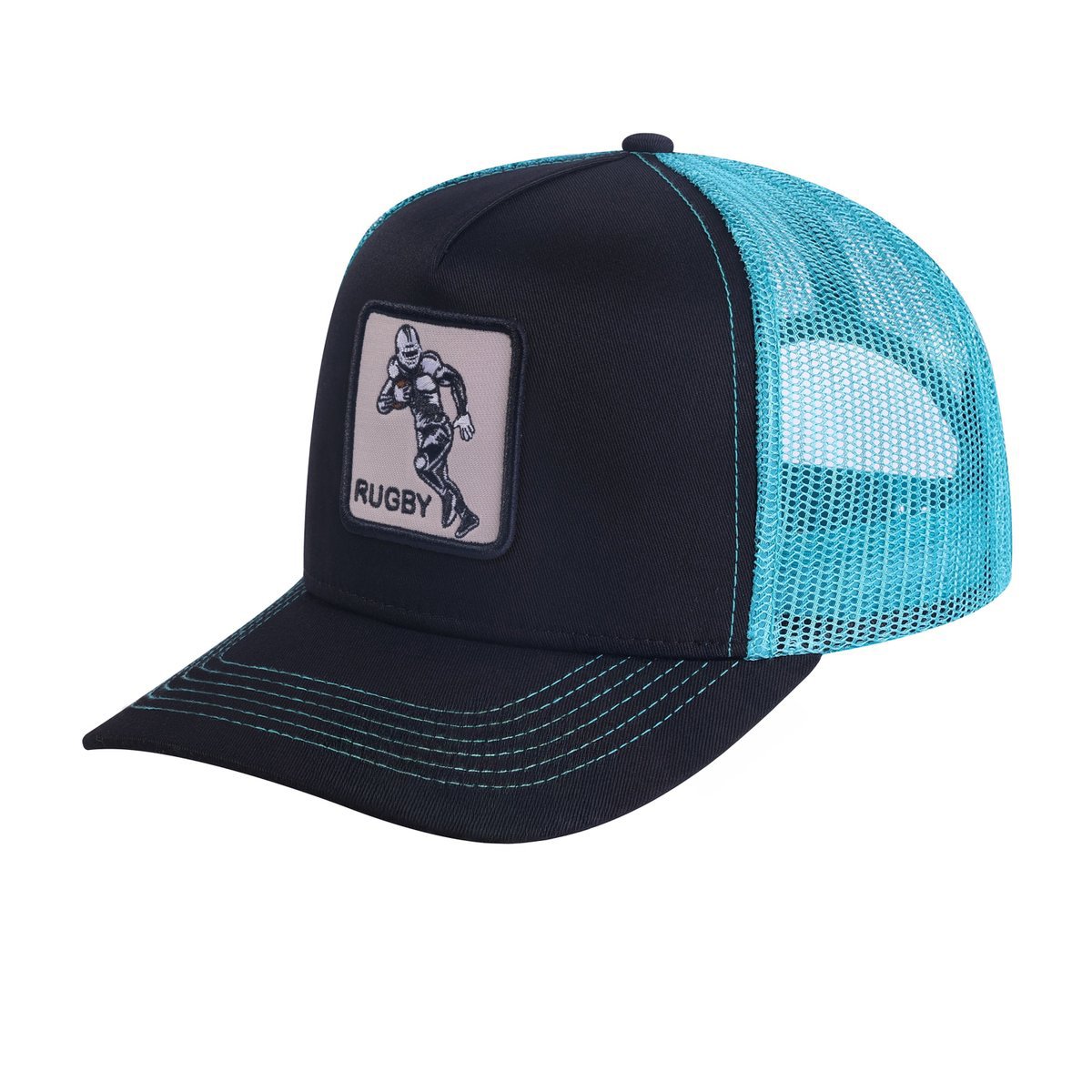 Unisex Embroidered Rugby, 5-Panel Trucker Hat, Black/Blue, Adjustable Fit