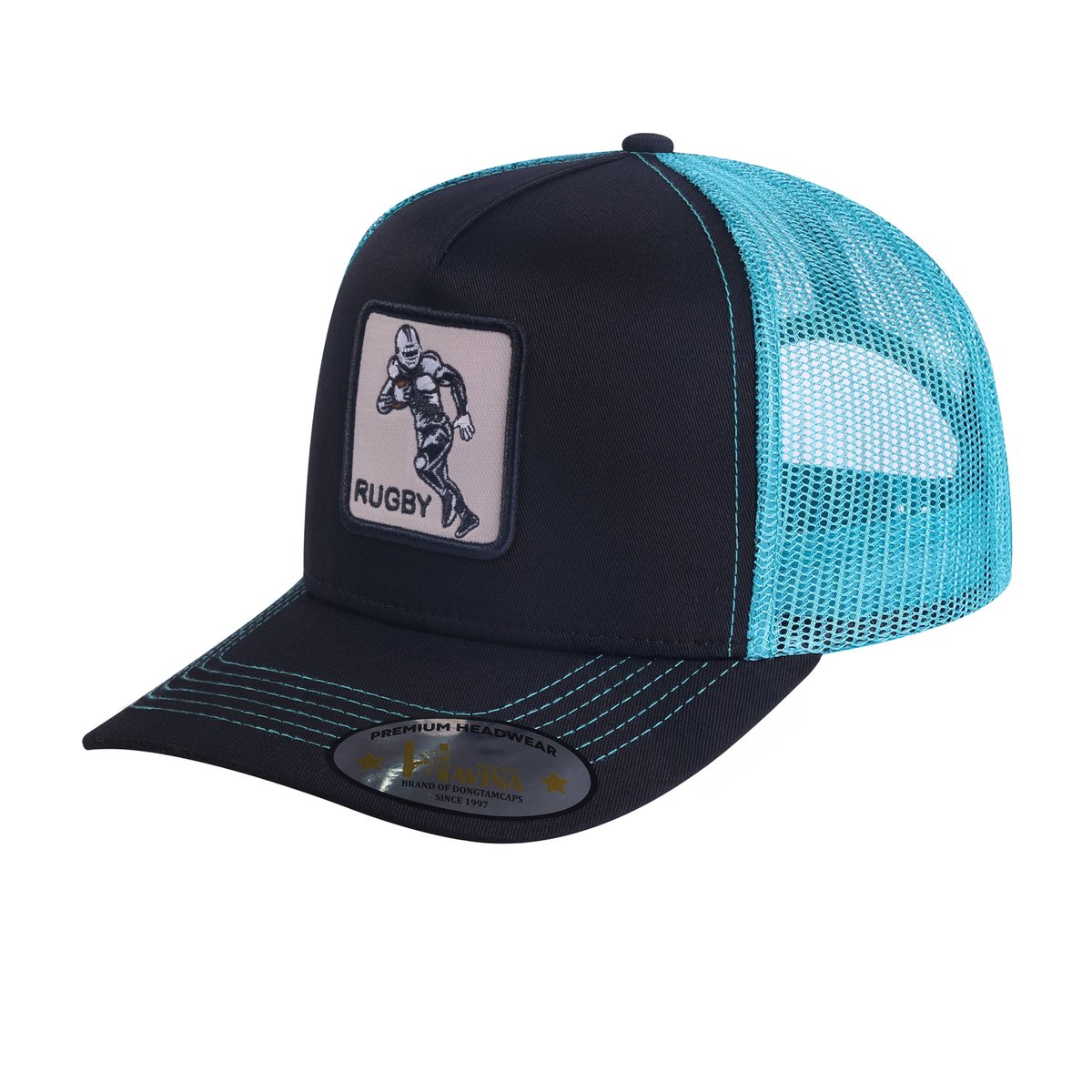 Unisex Embroidered Rugby/Football, 5-Panel Trucker Hat, Black/Blue, Adjustable Fit