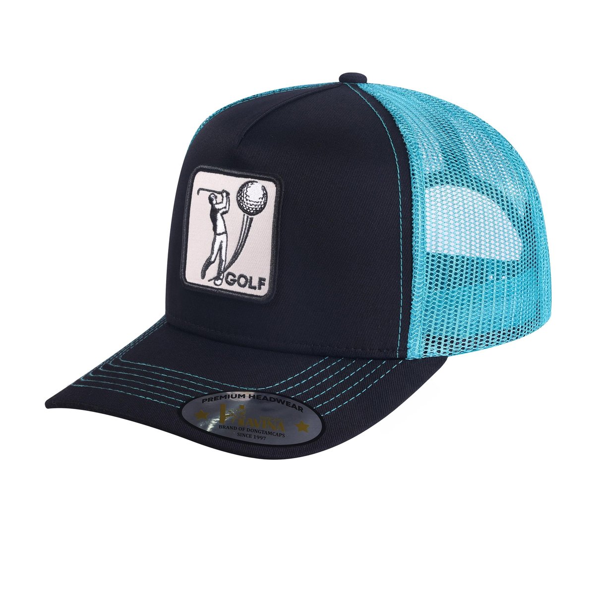 Unisex Embroidered Golf, 5-Panel Trucker Hat, Black/Blue, Adjustable Fit