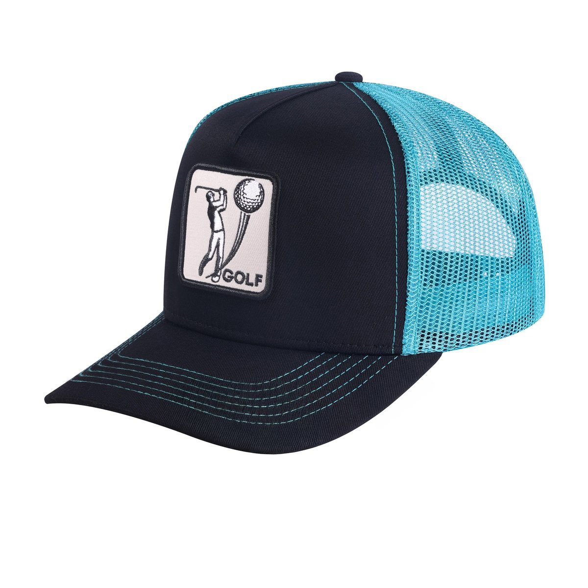 Unisex Embroidered Golf, 5-Panel Trucker Hat, Black/Blue, Adjustable Fit