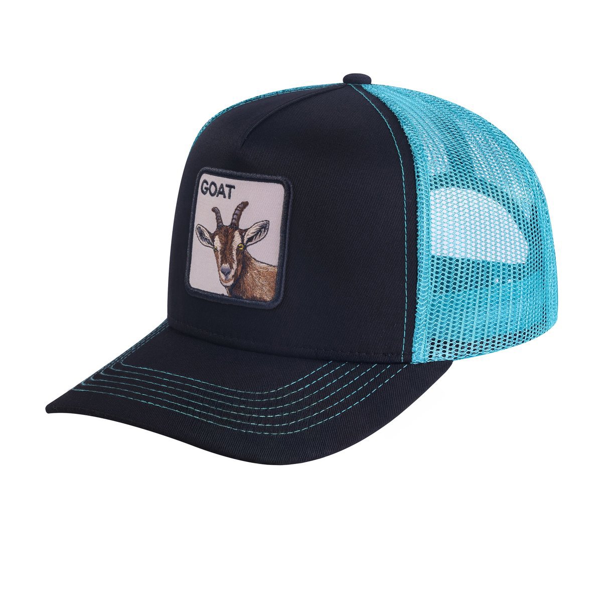 Unisex Embroidered The Goat, 5-Panel Trucker Hat, Black/Blue, Adjustable Fit