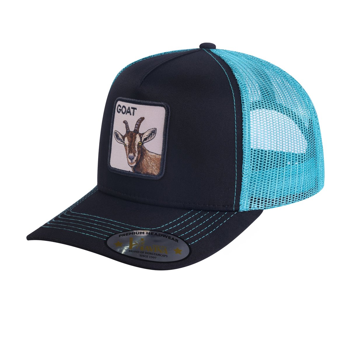 Unisex Embroidered The Goat, 5-Panel Trucker Hat, Black/Blue, Adjustable Fit