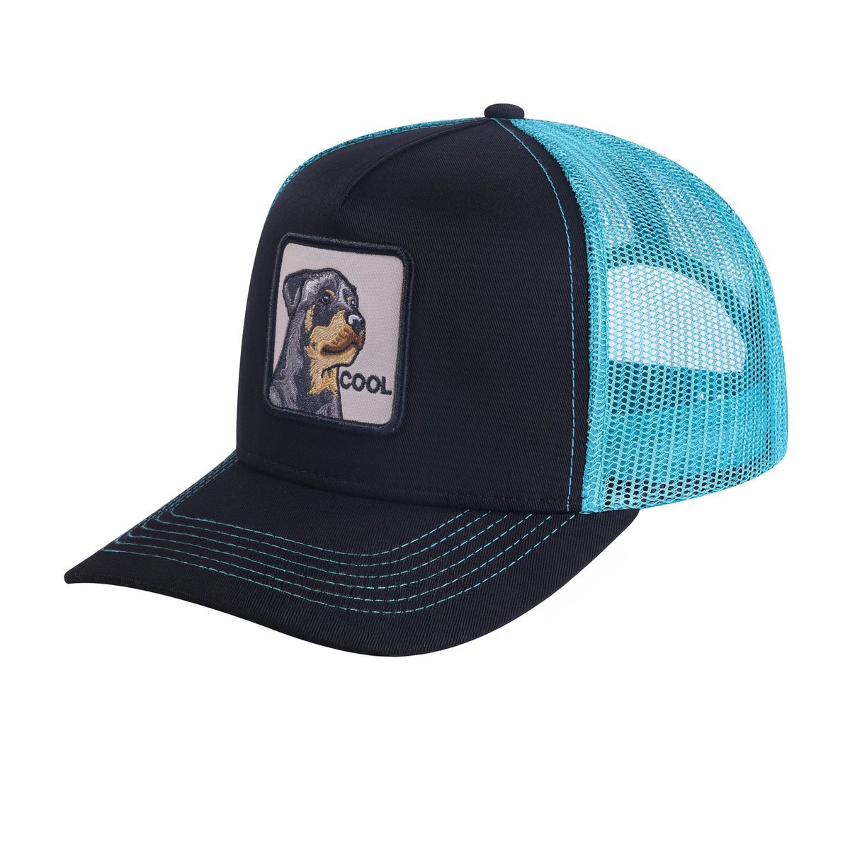 Unisex Embroidered The Cool Dog, 5-Panel Trucker Hat, Black/Blue, Adjustable Fit