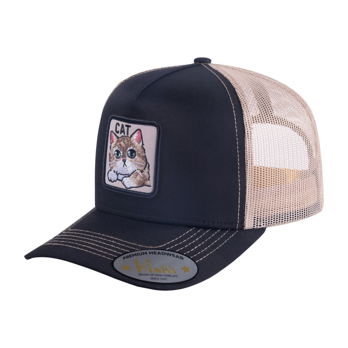 Unisex Embroidered The Cat, 5-Panel Trucker Hat, Black/Khaki, Adjustable Fit