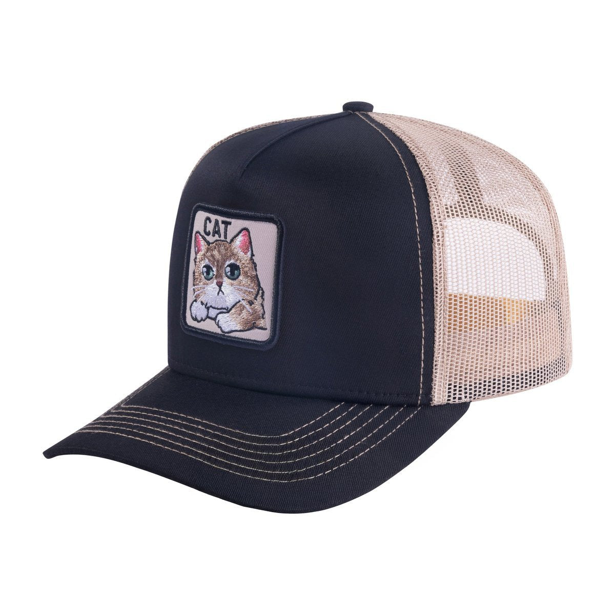 Unisex Embroidered The Cat, 5-Panel Trucker Hat, Black/Khaki, Adjustable Fit