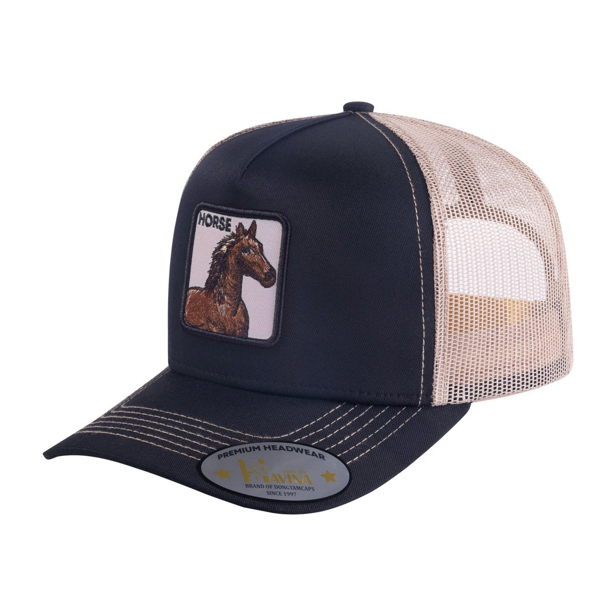 Unisex Embroidered The Horse, 5-Panel Trucker Hat, Black/Khaki, Adjustable Fit