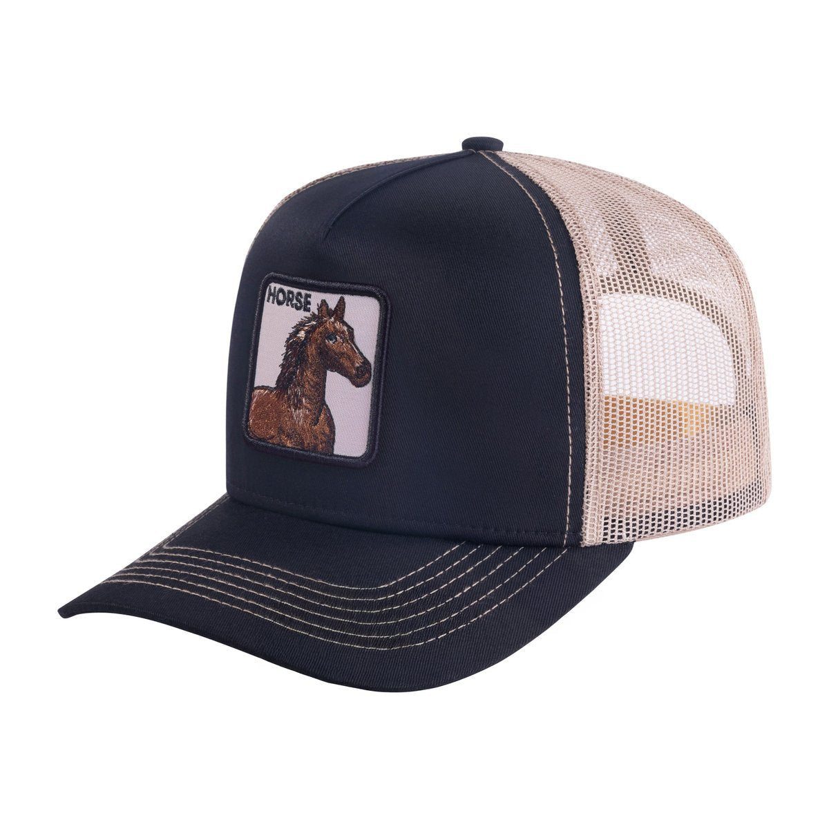 Unisex Embroidered The Horse, 5-Panel Trucker Hat, Black/Khaki, Adjustable Fit